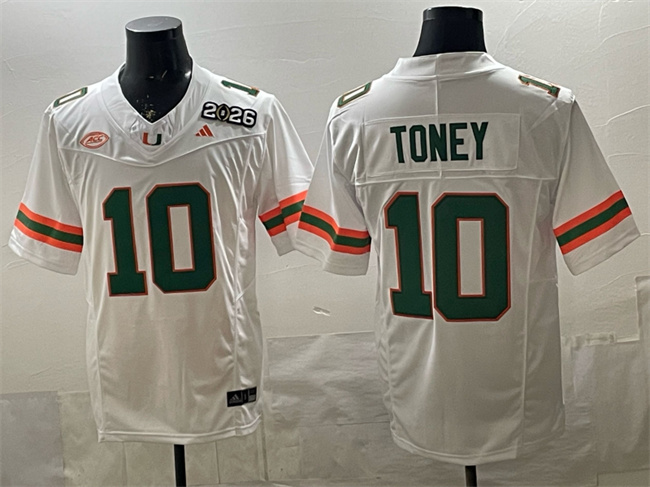 Men's Miami Hurricanes #10 Malachi Toney White F.U.S.E. 2026 & Florida Patch Stitched Football Jersey
